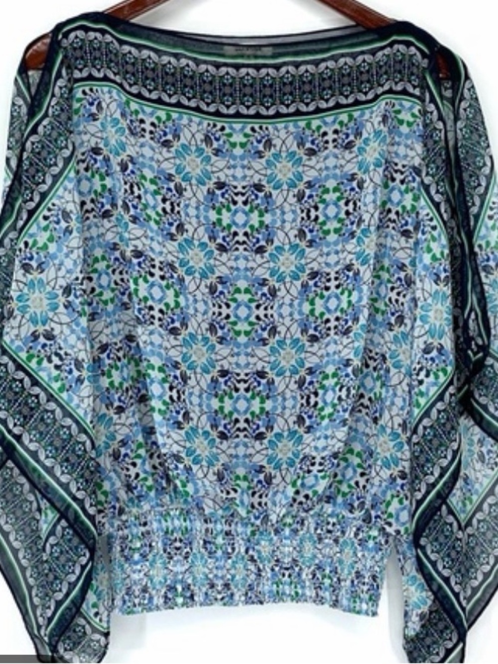 Max Studio handkerchief style blouse with navy blue and green design size Large